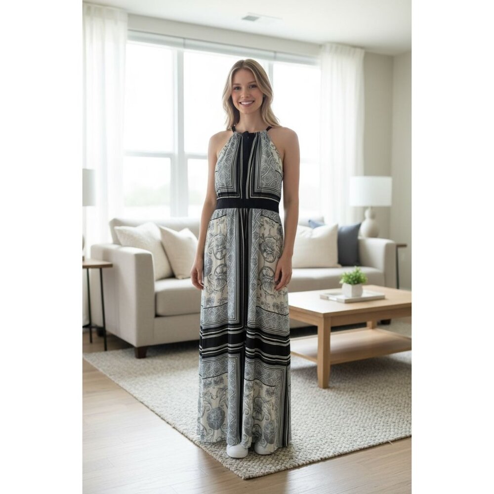 Vince Camuto Blue White Sleeveless Maxi Chic Dress 6 Paisley Print Lightweight